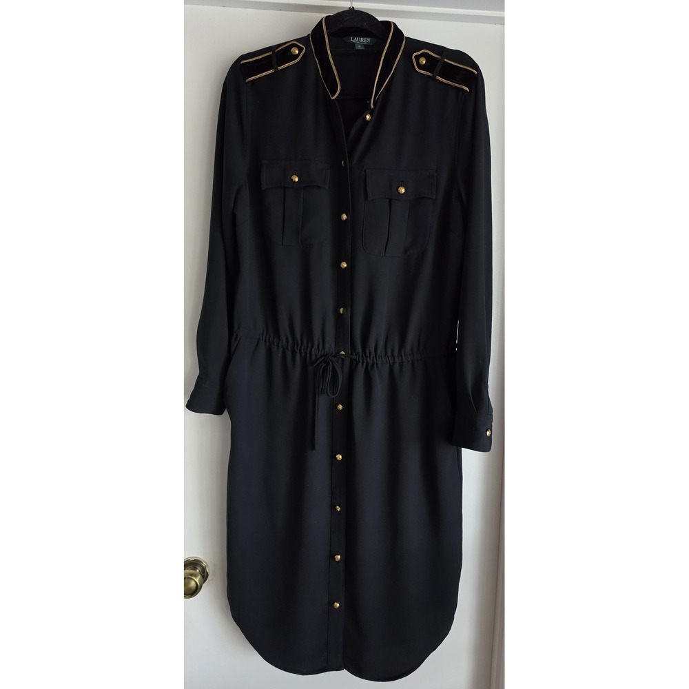 Lauren Ralph Lauren Shirt Dress Size 14 Black Gold Long Sleeve Epaulets Military